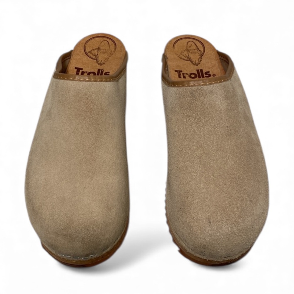 TROLLS Sweden Tan Leather & Suede Wooden Clog Mules – Size 37 / US